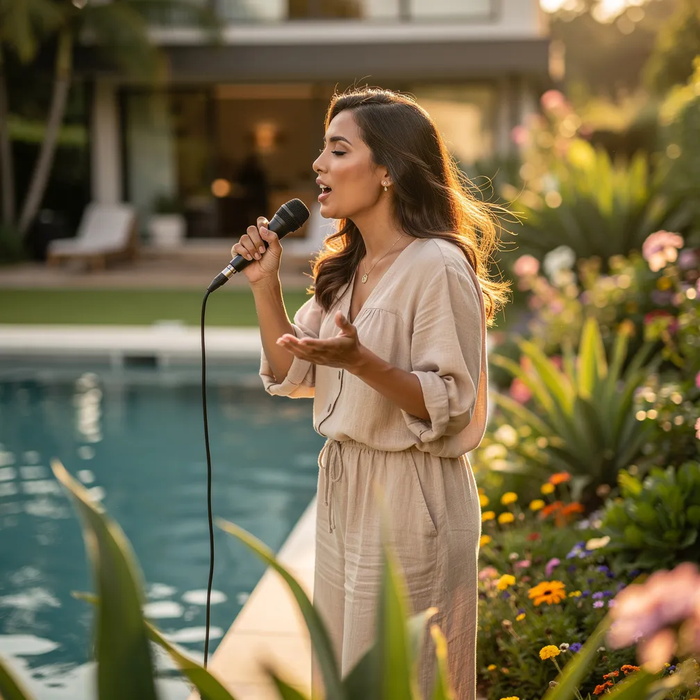 Una donna canta al microfono a una festa in giardino, nella luce del tramonto