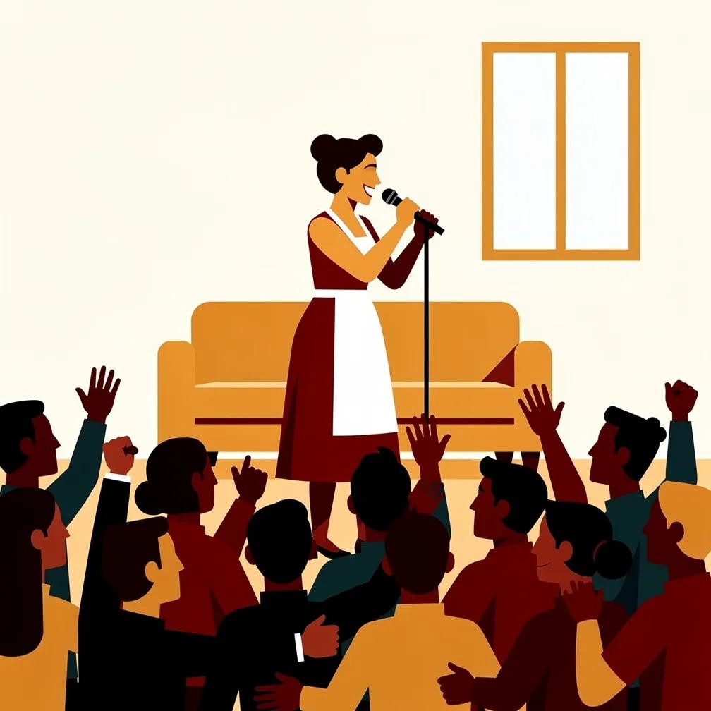 Una donna canta al microfono davanti a un pubblico che applaude