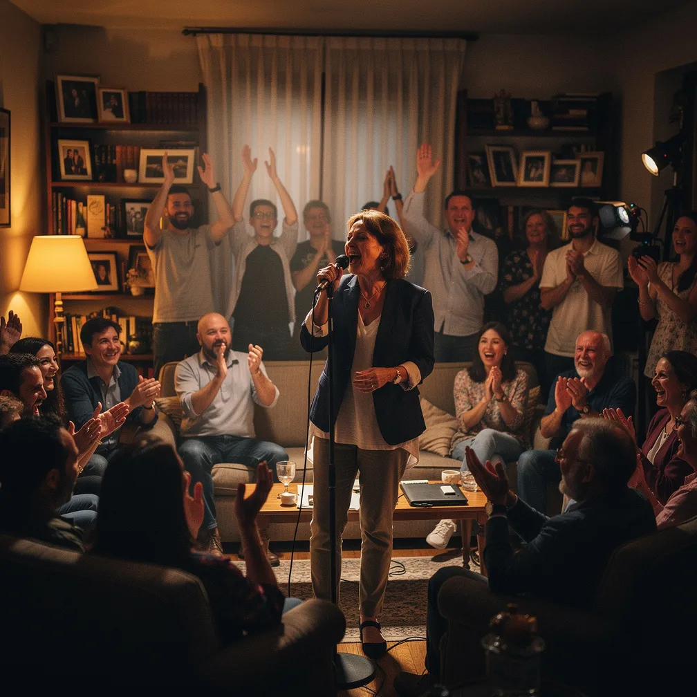 Una persona canta con passione davanti a un pubblico che applaude in salotto