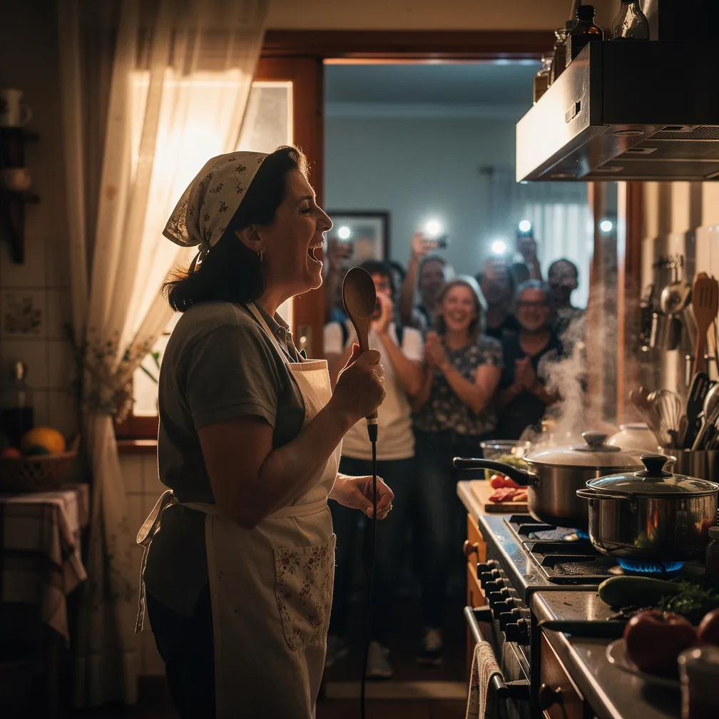 Una persona canta in cucina con un mestolo come microfono, davanti a un pubblico festante