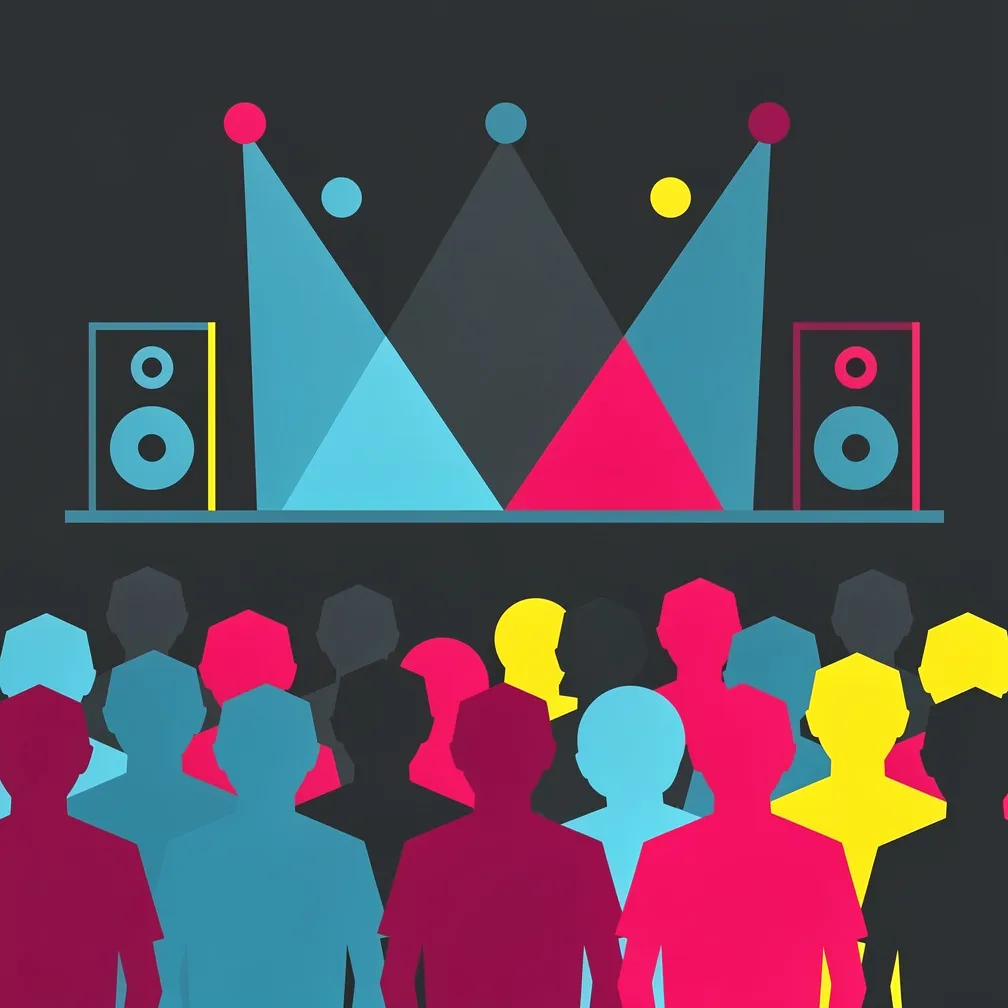 Illustrazione di un palco con casse e pubblico