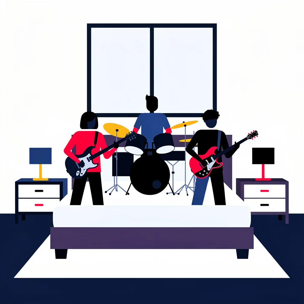 Illustrazione di una band che prova insieme: chitarra, batteria e basso