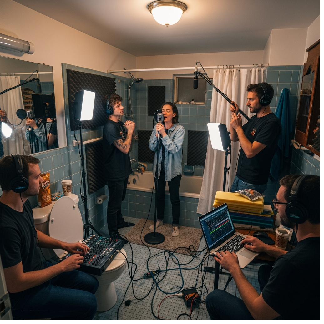 Un gruppo registra una canzone in uno studio casalingo