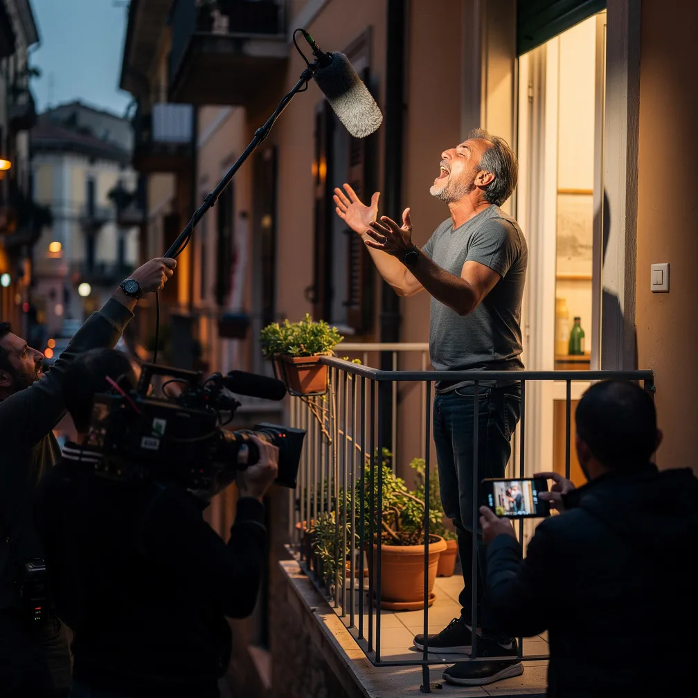 Un uomo canta dal balcone di casa al tramonto mentre una troupe lo riprende dalla strada