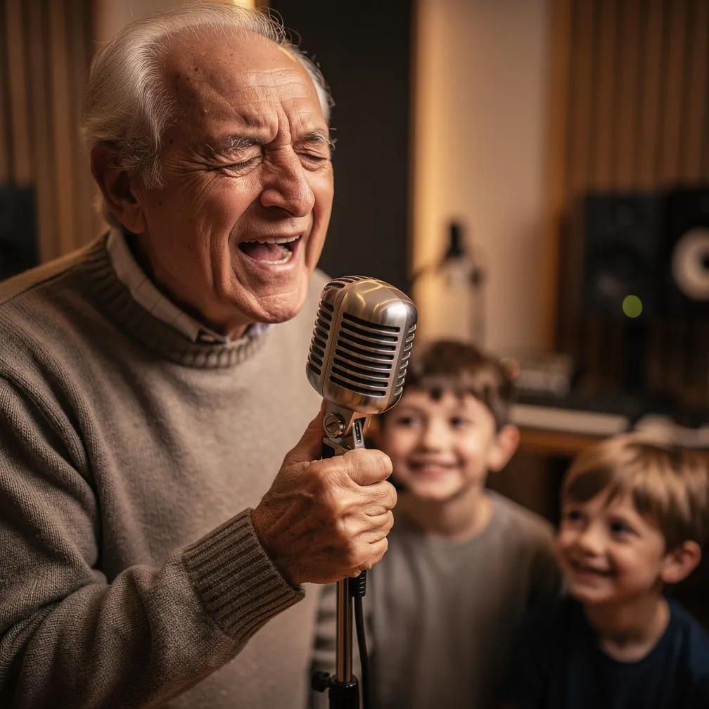 Una persona anziana canta al microfono in studio, con due bambini che la guardano sorridenti